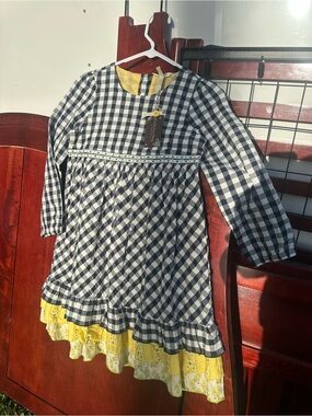 Matilda Jane Navy & White Gingham Dress with Yellow Trim.